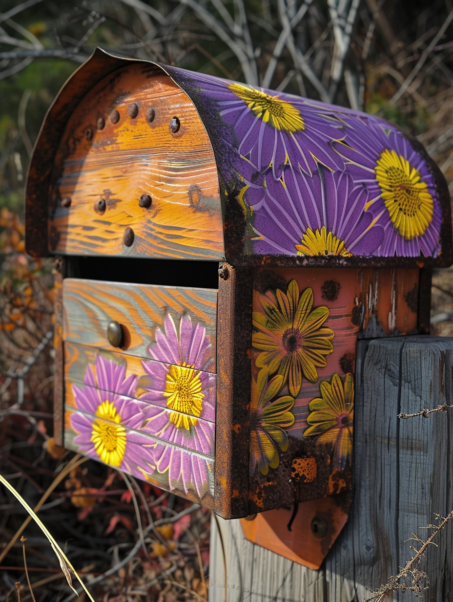 Outdoor mailbox design. Amber and salmon slats overlaid with violet and sunflower yellow daisy patterns.