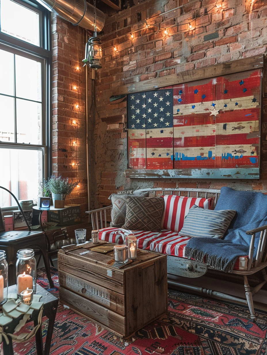 Fourth of July loft party. Focus on a cozy corner decorated with striped red and white cushions, a plush blue throw on a wood-and-iron vintage yet contemporary chair, near a simple distressed wooden coffee table adorned with mason jars filled with white fairy lights. A simple wooden pallet American flag wall art hangs on the exposed brick wall behind.