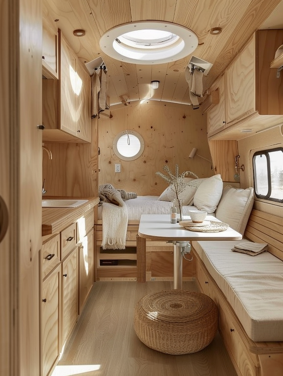 Small camper interior idea. Pale wood panels with large standing corner kitchen, foldable white table under circular window, twin bed rear end facing door entrance, overhead storage.