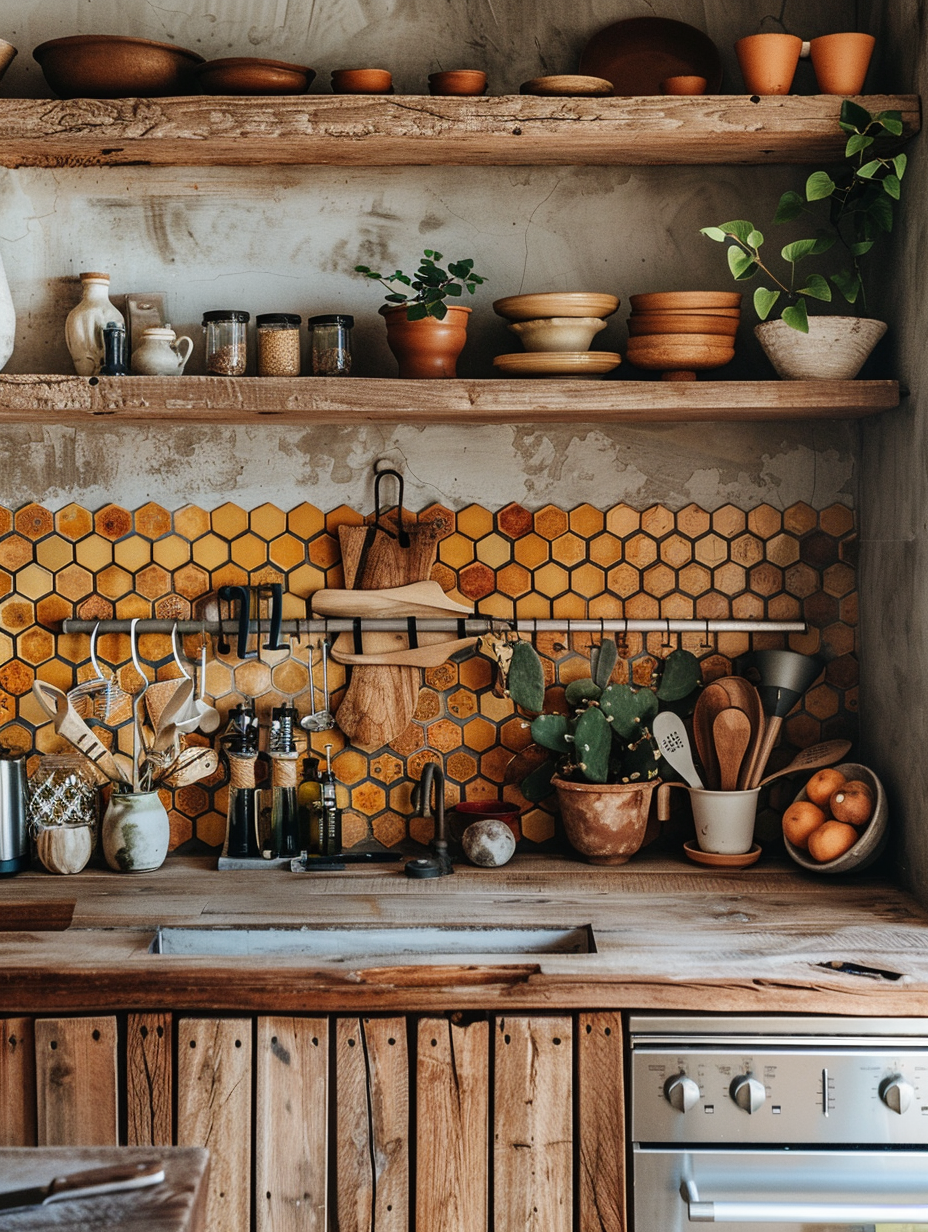 Boho Kitchen. Raw timber open-shelves and Hexagonal Moroccan tiled backsplash in earthy hues.