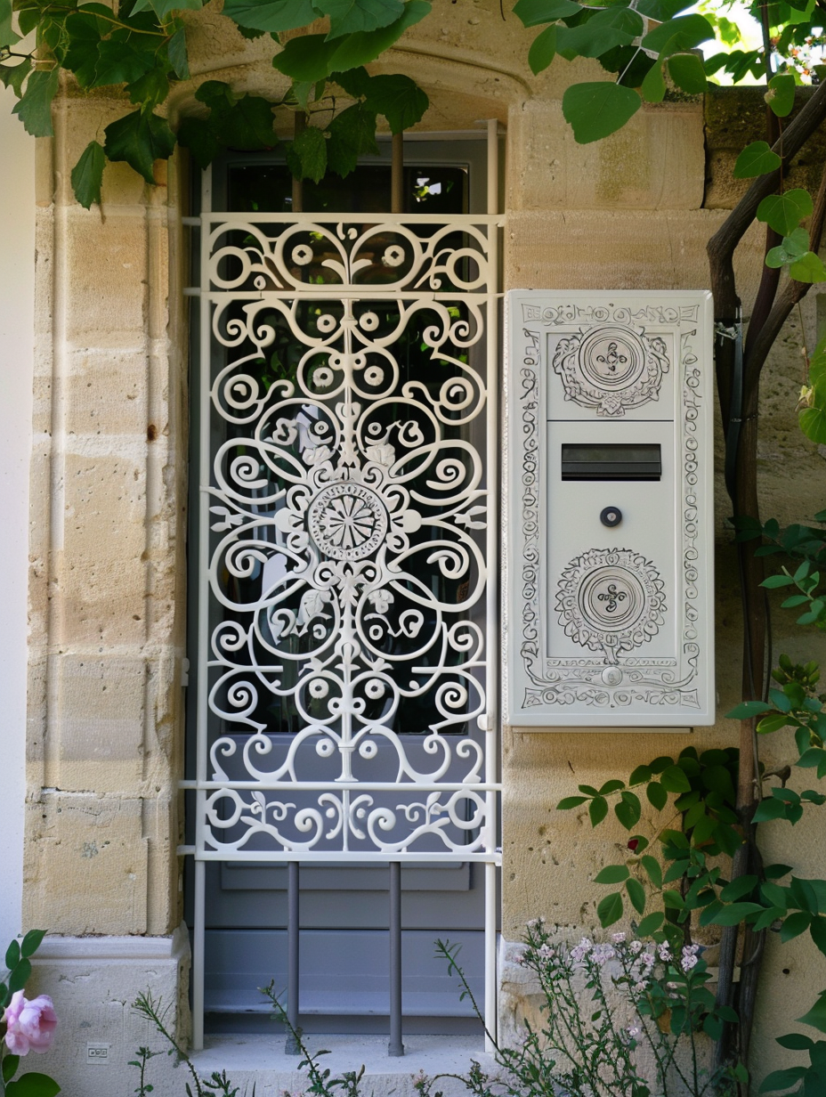 External mailbox design. Ivory wrought iron with circular pattern details.