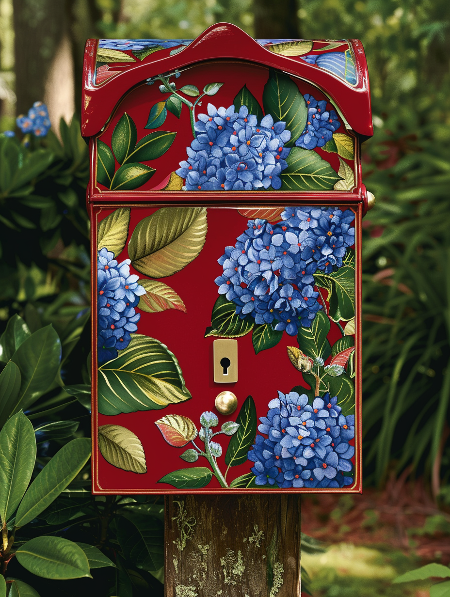 Outdoor mailbox design. Bright crimson color with a floral pattern featuring blue hydrangeas and green leaves.