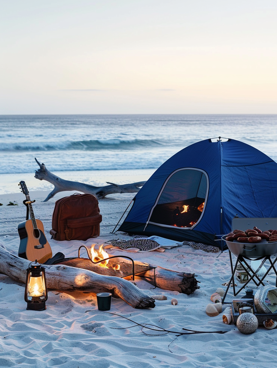 Camping on the beach. A royal blue, five-person dome tent pitched on the soft white sand, flanked by vintage kerosene lanterns and matching foldable canvas-frame chairs. Glistening sea waves crash against nearby driftwood, bathed in the orange-purple hues of sunset in the background. An neatly arranged ensemble of skewered sausage and bell peppers roast over a metal camping grill while a distressed leather backpack, stocked with map and compass sits unlocked. An acoustic guitar leans casually against a driftwood log beside an untouched pile of sun-dried seashells.