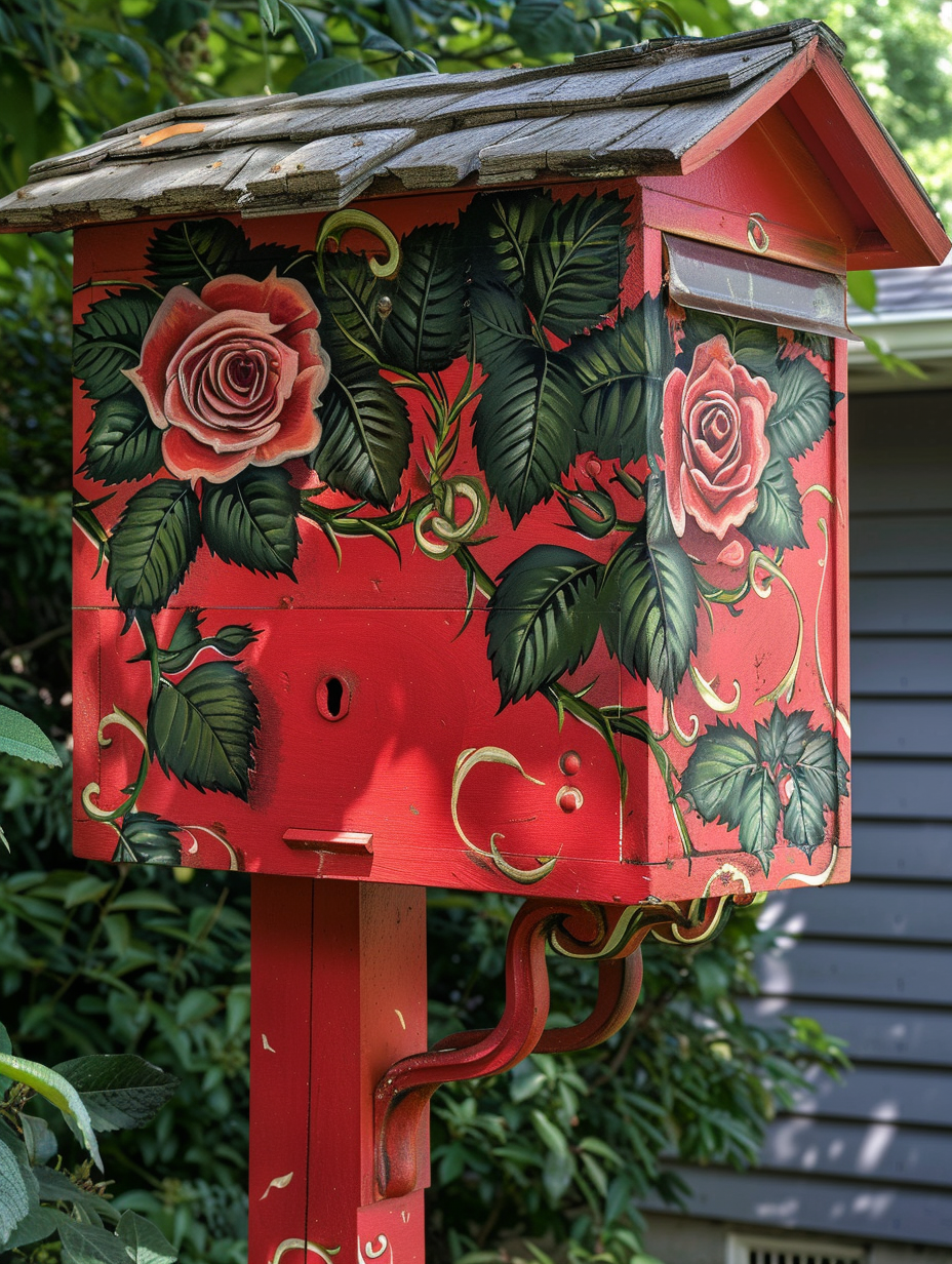 Outdoor mailbox design. Bright red mailbox with climbing roses painted on the sides.