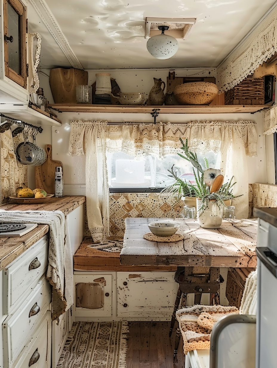 Boho RV Camper interior. Rustic eat-in kitchen with wooden countertop, Morrocan tile backsplash, and beige crochet curtain.