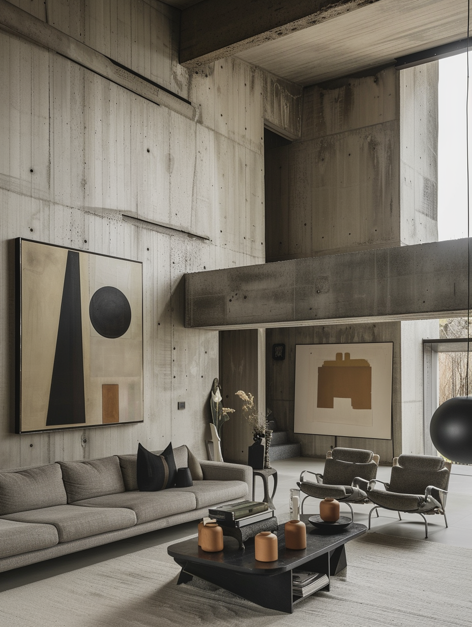 Living room in brutalist design. Concrete walls with large opaque windows, minimal grey sofa with standard tubular steel chair, bare industrial light fixtures, and sparsely furnished with geometric shape artworks on display.