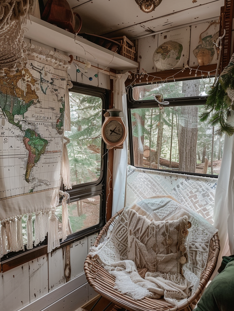 Boho RV Camper interior. Pastel Color macrame hanging on white weathered wood, mounted world map, copper lantern on wall and hanging rattan chair by the large window with view of forest outside.