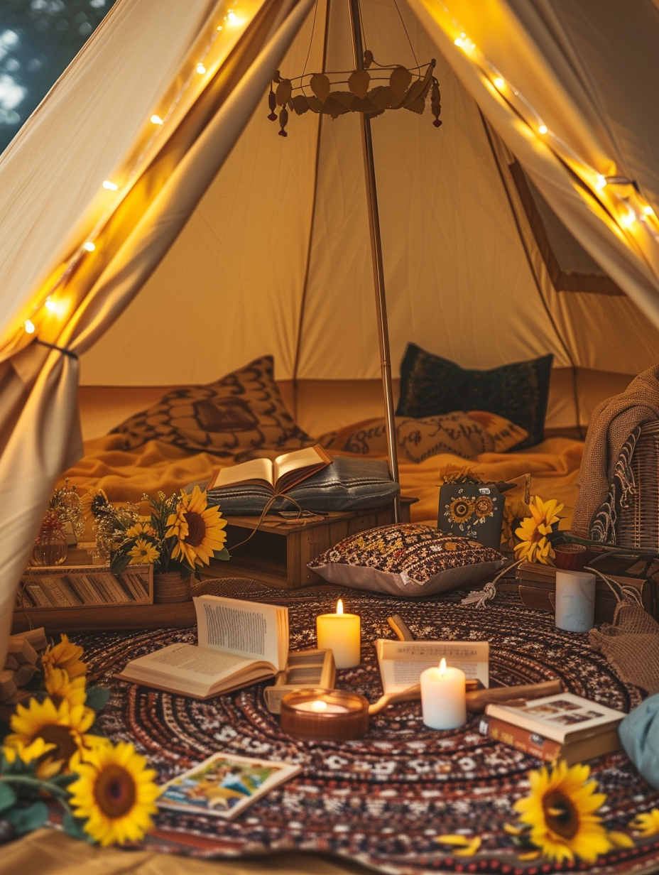 Glamping design. Yellow canvas tent, brown stew rug flooring, LED warm string lights overhead, strewn sunflower bouquets, scattered color-coordinated books, assorted decorative candles, and sunflower motif accessories.