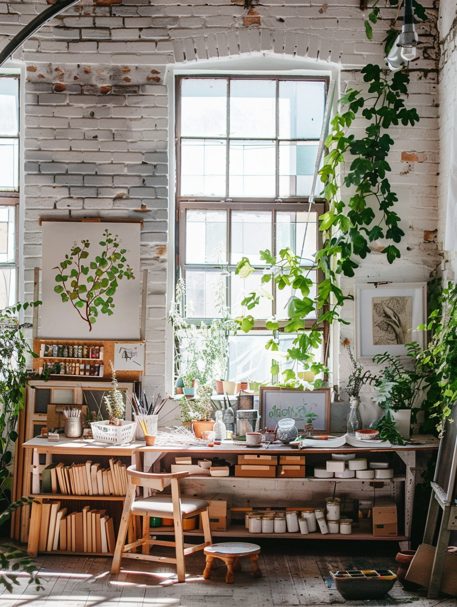 Loft art studio design. Large glass window illuminated space, filled with different green foliage plants adorning wooden shelves, a table with an array of painting materials in muted tones, against a white brick wall backdrop.