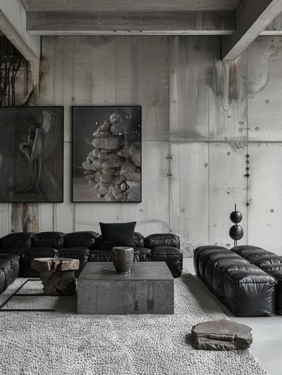 Living room in brutalist design. Bare concrete walls with embedded pebbles, black leather cubic sofa, tarnished steel coffee table, wool area rug in dull gray, hyperrealist industrial-themed art pieces on walls.