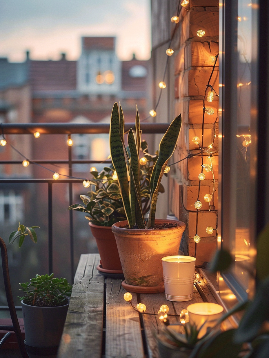 Small urban balcony. Potted snake plants surrounded by string mood lights.