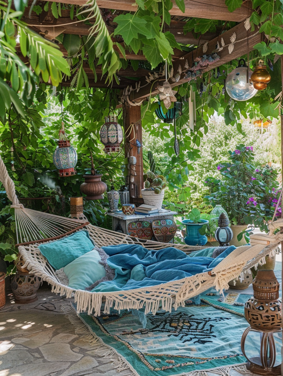 Boho garden design. Metal frame hammock with expansive cream macramé detail, draped with purposefully worn cerulean blue muslin suffused with transient shifts of avocado and turquoise threads. Abundantly within sight, oversized ceramic pots engraved with trellaces of scrollwork, their breaches filled with brightly variegated spider plants cascading loosely amongst gently twisted branches of fiddle leaf fig trees. Peppered across handmade end tables, an array of squat, sturdy glass hurricane lanterns with bronzed metal thrones emit soft, diffused light, illuminating the multiple managing tapestries of an influenced aztec print, woven diligently into weighty yet whimsical rugs adorning the fieldstone patio. Within a side of a monolithic driftwood installation in the corner, mirrored spheres delicately balanced within each other capture and amplify the golden setting sol.