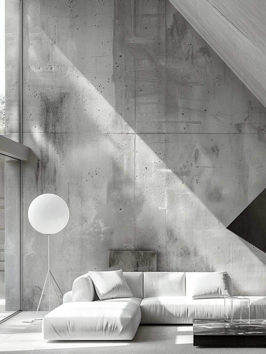 Living room. Grey concrete walls with exposed structure, minimal white angular furniture, and oversized globe floor lamp.