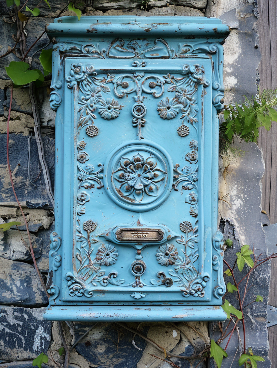 External mailbox design. Powder-blue cast iron with ornate floral engravings.