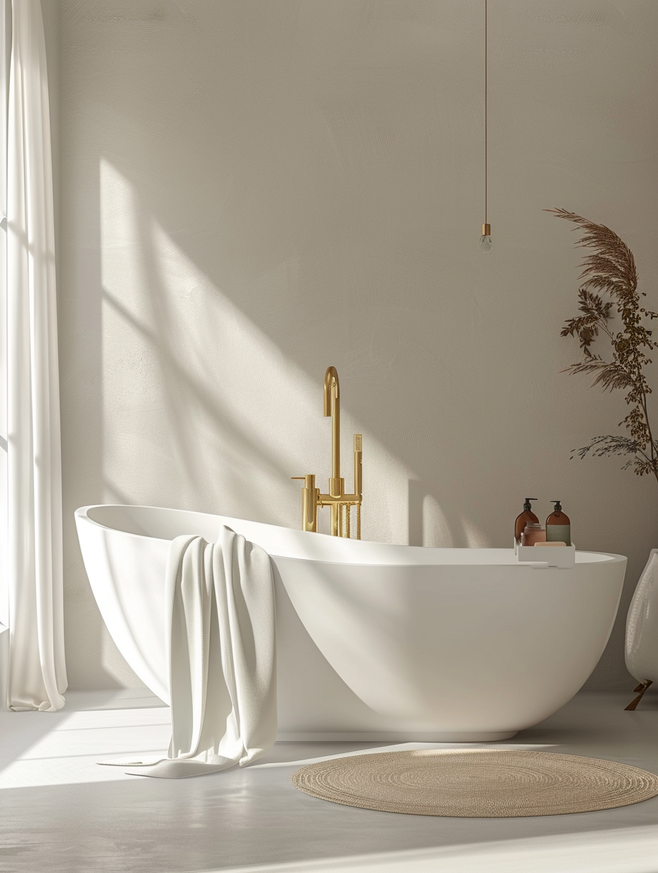 Quiet luxury bathroom design. Minimalist white bathtub with gold fixtures.