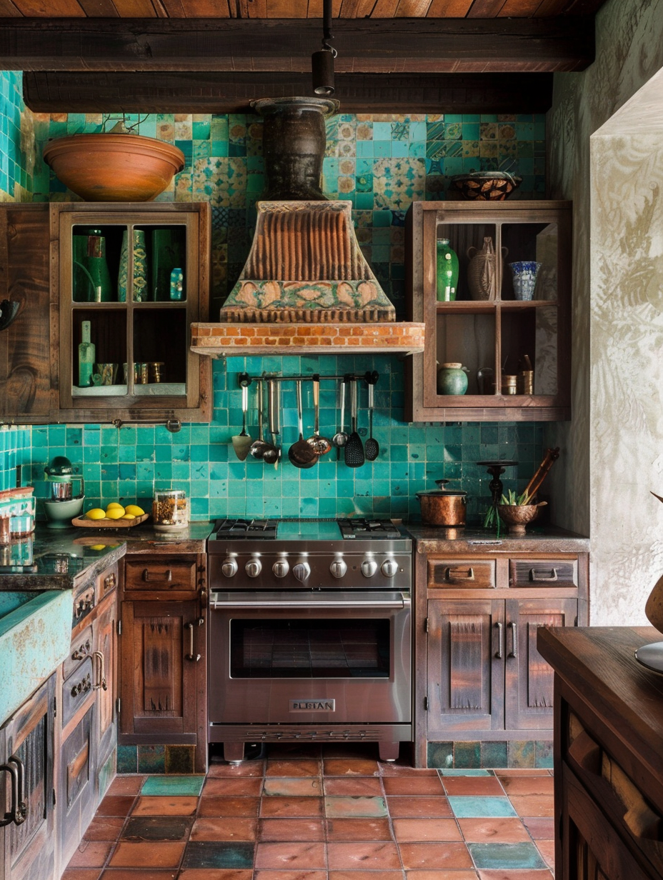 Boho kitchen. Rustic wood cabinets with turquoise Morrocan tiles.