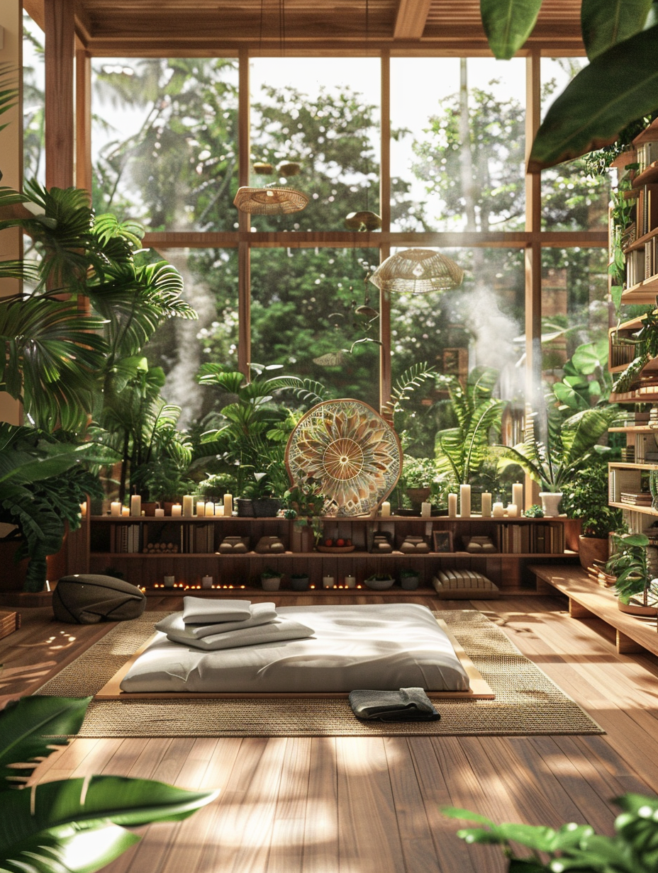 Yoga studio interior. Mattress placed centrally on a wooden floor surrounded by lush green indoor plants, comfortably lit by an abundance of natural light streaming from the wide, floor to ceiling windows. Wooden furniture, includes book shelves and yoga equipment store. Multiple white wax candles arranged as a focal point in a corner near a unveiled wheel-shaped mandala tapestry. Mood-worthy incense smoke lightly filling the radiant atmosphere.