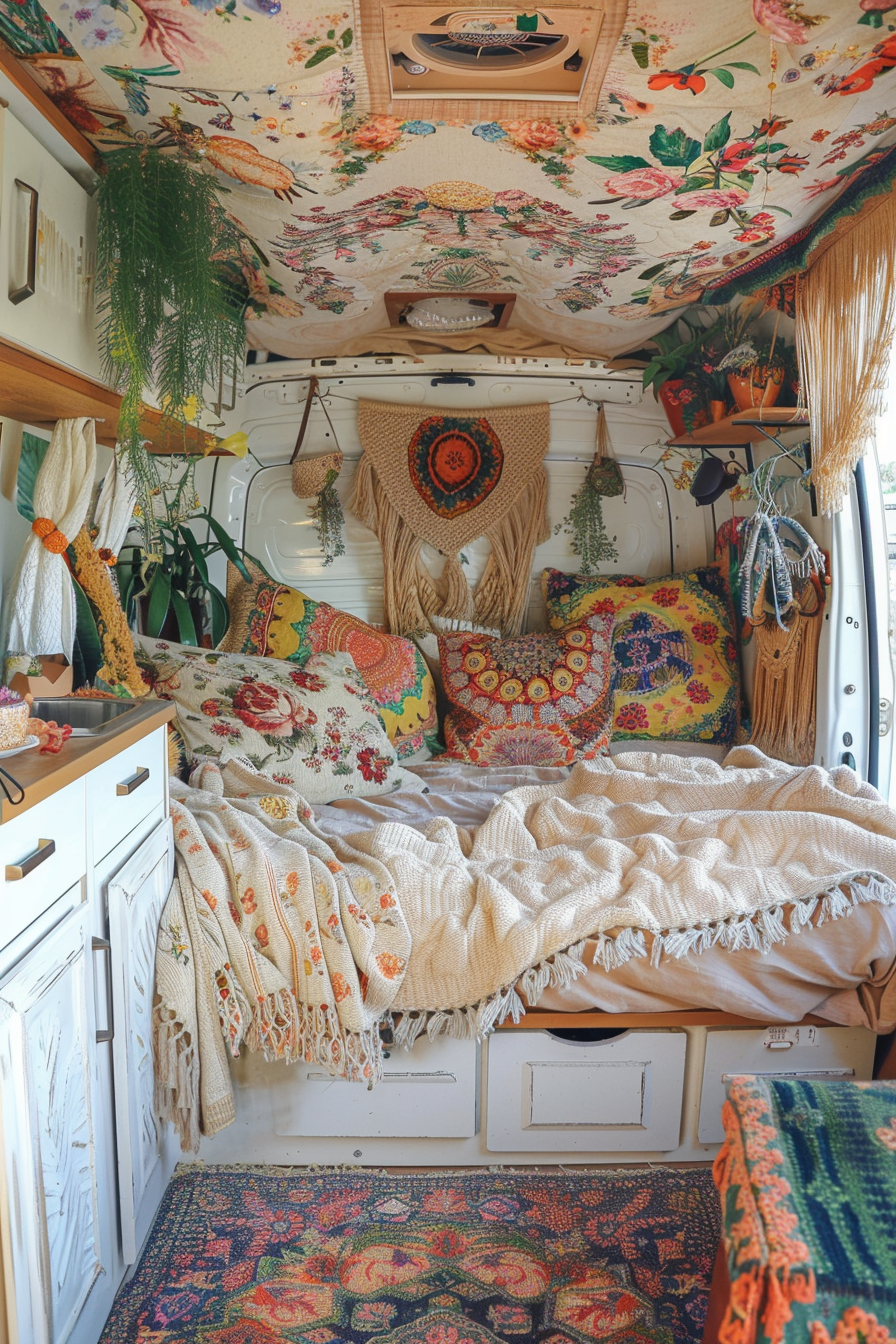 Boho sprinter camper van. Floral tapestry with macrame accents.