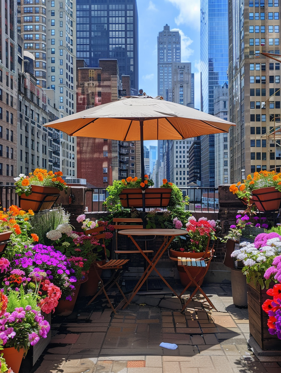 Urban rooftop. Filled with vibrant flower boxes and located between high-rise city buildings with a small bistro table in the center, under a parasol.