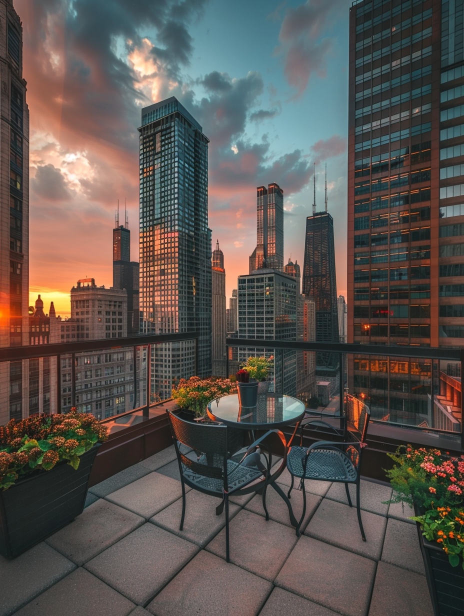 Small and beautiful urban rooftop. Ornamental potted plants and glass table set amidst Chicago's skyscrapers at sunset.