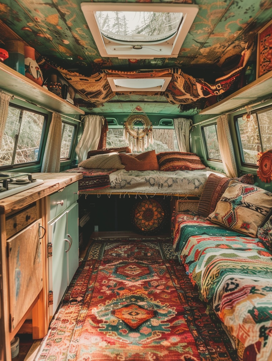 Boho designed camper. Patina-green vintage vw van sporting vibrant bohemian fabrics draped across the internal roof and wooden built-in furniture pieces.