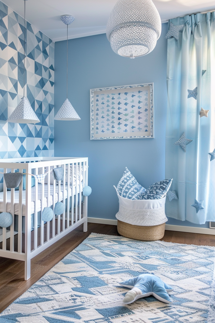 Modern baby boy nursery room interior. Sky blue walls filled with geometric patterns.