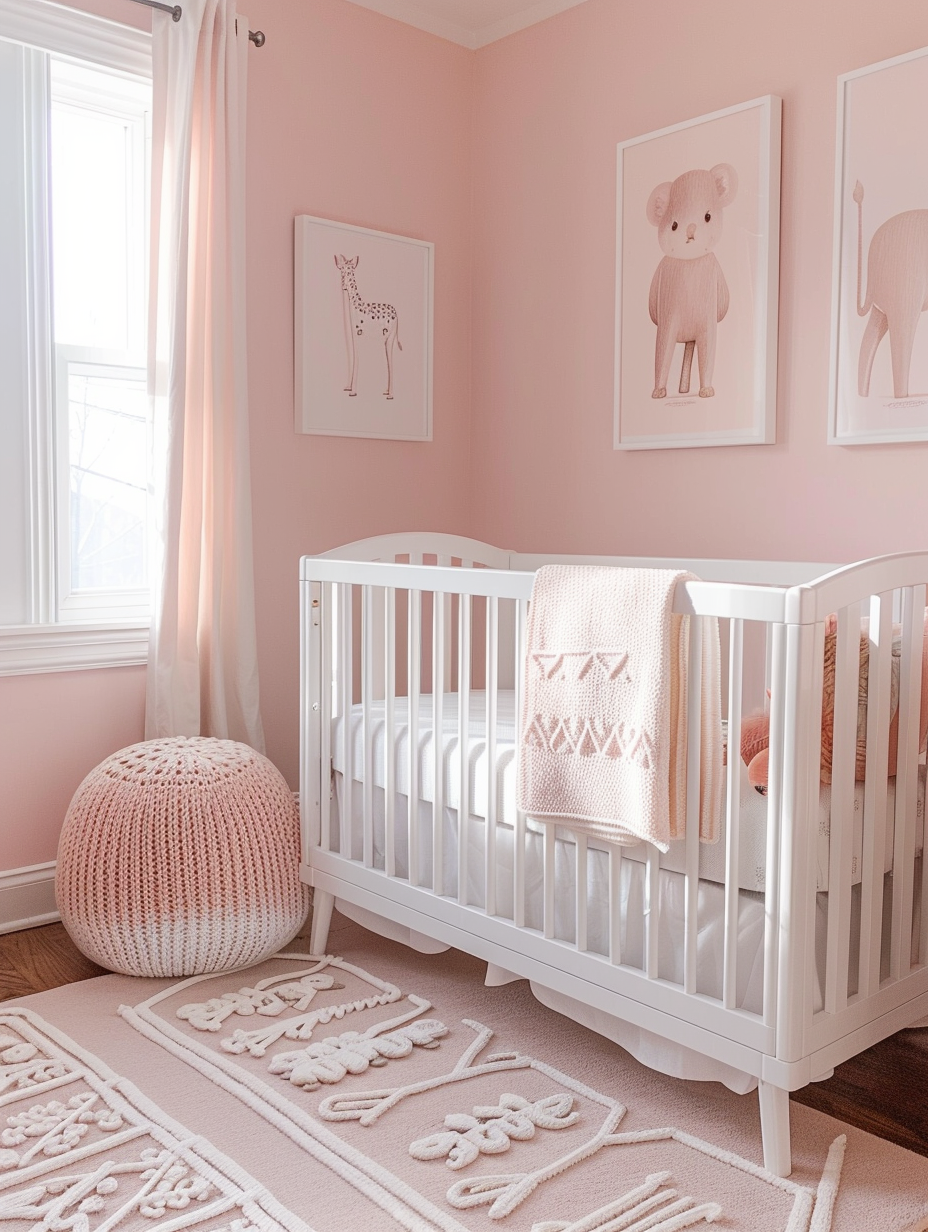 Modern Pink Nursery. Blush pink walls with a white crib, animal-themed wall art, geometric patterned rug, and knitted seat pouf.