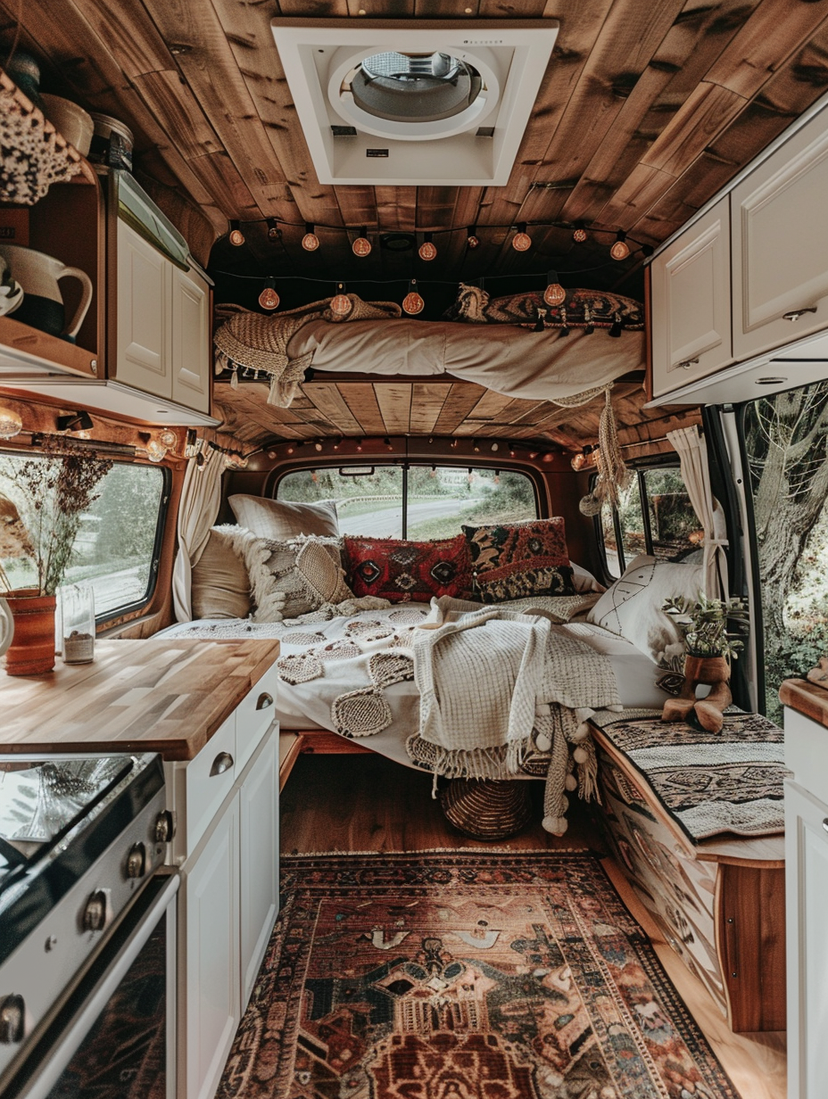 Boho-designed camper. Natural wood-paneled interior with hanging macrame details, white and insignia blue patterned textiles, vintage rugs, open concept living area, and visible cozy sleeping loft with fairy string lights.