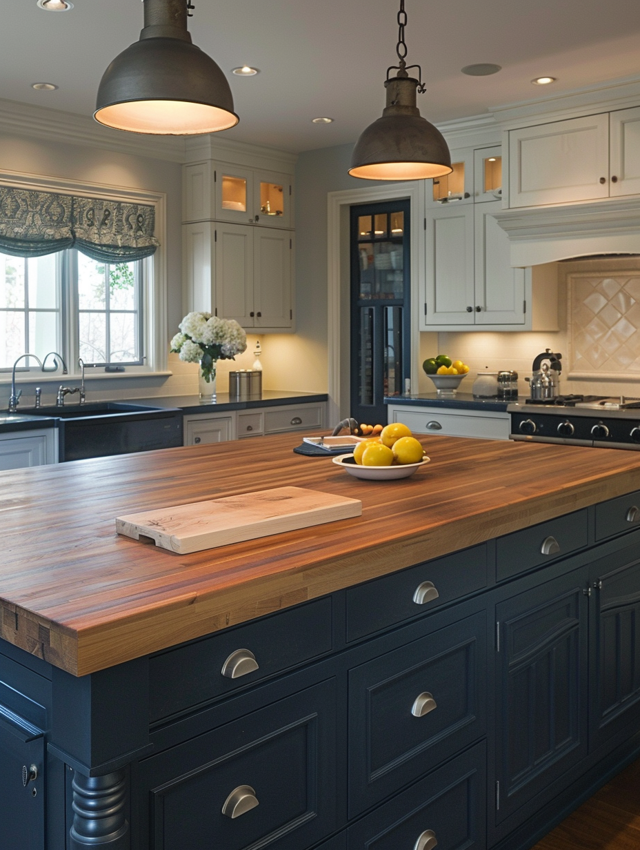 Kitchen. Navy blue island with a butcher block countertop.