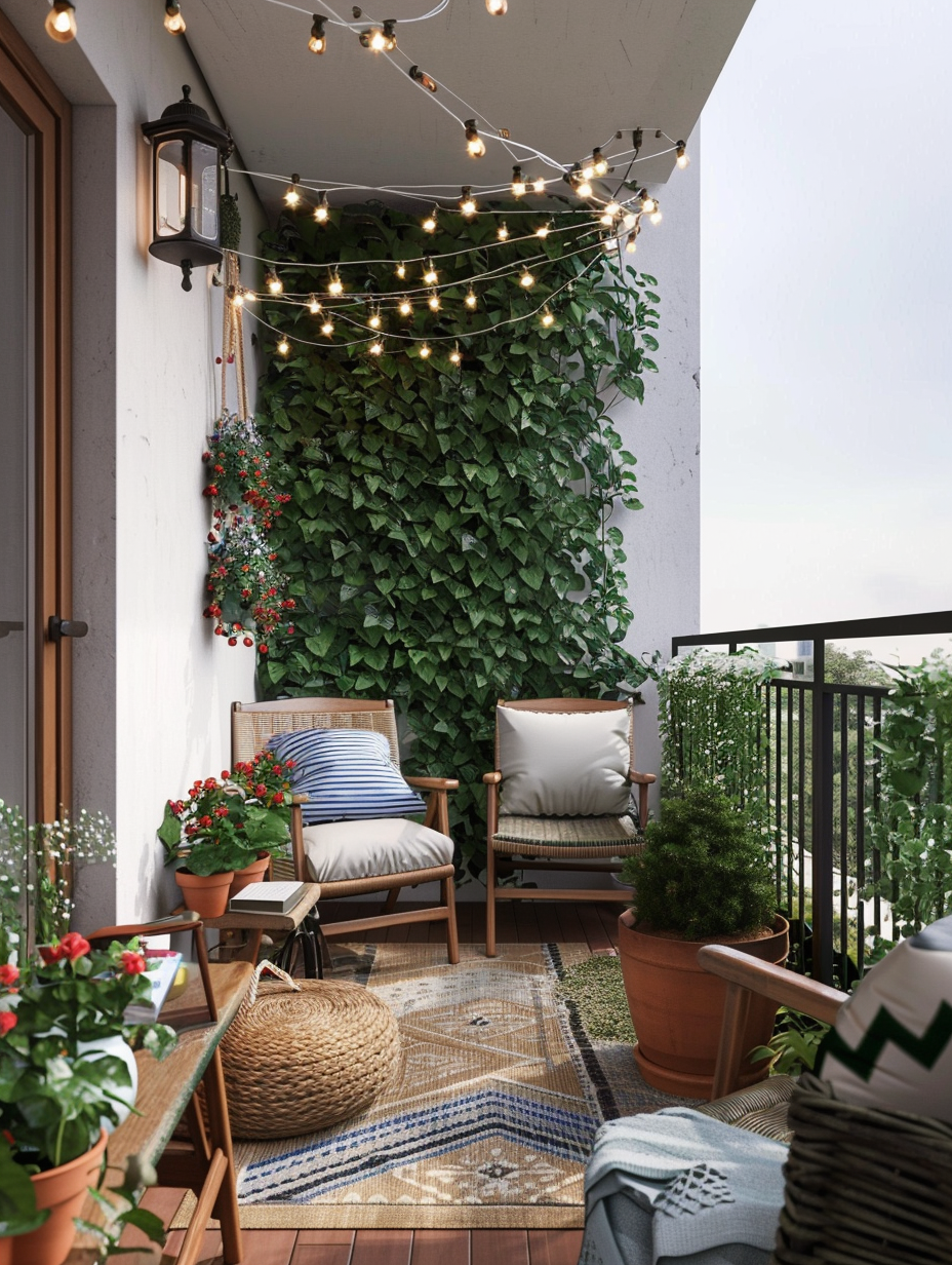 Small and rustic designed balcony. Green climbing ivy, slightly weathered oak furniture, jute rug with blue-and-white stripes, wrought iron railing with rust patina, freely hanging string lights, terracotta pots with miniature roses.