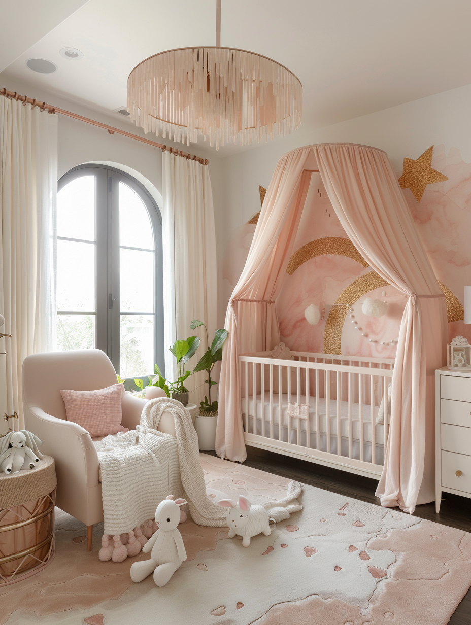 Wide view of modern pink nursery. Pastel pink single canopy bed centered against a mural of golden star accents with soft plush white carpets covering the polished dark timber floor. Wall to wall white wooden built-in wardrobes flank the sides of a rose-gold rocking chair beside a walnut-finished convertible crib in the corner, illuminated from above by a modern, geometric copper pendant light. Two sizeable symmetrically placed, rounded, frosted windows grant nutshell glimpses of a serene minuscule vintage garden against an apricot evening heavens. Greenery and plants such as a potted fiddle-leaf fig and flower plushy on the side or runner bean plants on white hanging baskets breathe life into the room. Save for pastel accent pillows here and there, delightful chalk white dominates the look, with fleeting blush tones in décor artefacts setting the precious contrast points. The lofty ceiling mocks the oversized pink-gold splash-patterned rug on the floor. Fresh and frilly white flowing curtains shyly hang off the sides of both windows inviting all natural sunlight filaments dancing curly patterns including on a whimsical hand-painted white and pink cottage-style dresser draped with pastel pompom buntings swaying alongside vintage white china bunnies and stuffed animals positioned at different nooks. Petal pink combined with snowy white lends ethereal beauty to this spacious nursery designed for endless plays, giggles, and serene sleep.