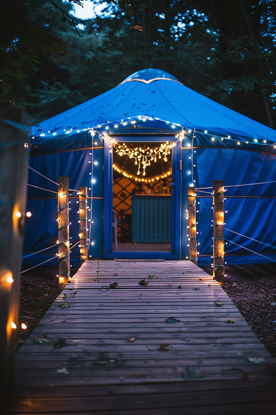 Glamping decoration. Royal blue yurt with pale blue fairy lights strewn around the entrance.