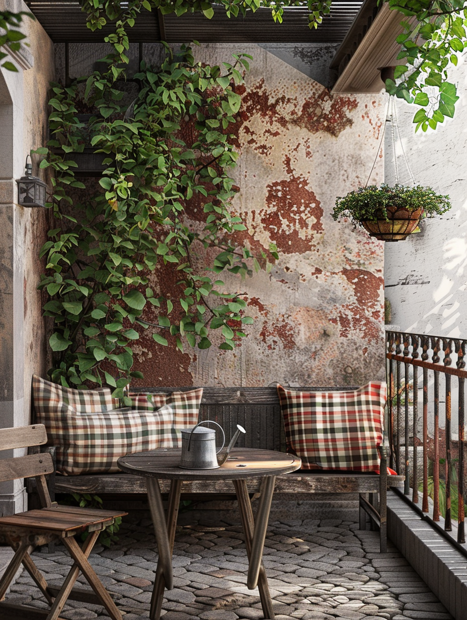 Small and rustic designed balcony. Wooden bench with plaid cushions, a vintage metal watering can on a distressed table, an overhead hanging vine plant in a ceramic pot, cobblestone floor, wrought iron railings and a backdrop of layered terracotta bricks.