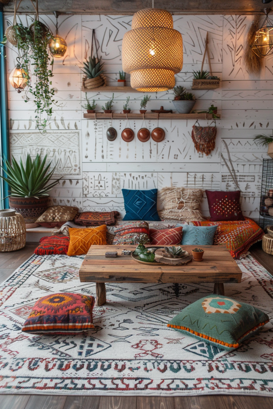 Boho designed living room. White Turkish rug over weathered wood floor, colorful poufs arranged around low-profile wood coffee table, rattan light fixture, surrounding a grass and leaf patterned wall adorned with a shelf of succulent plants in rustic terra cotta pots.