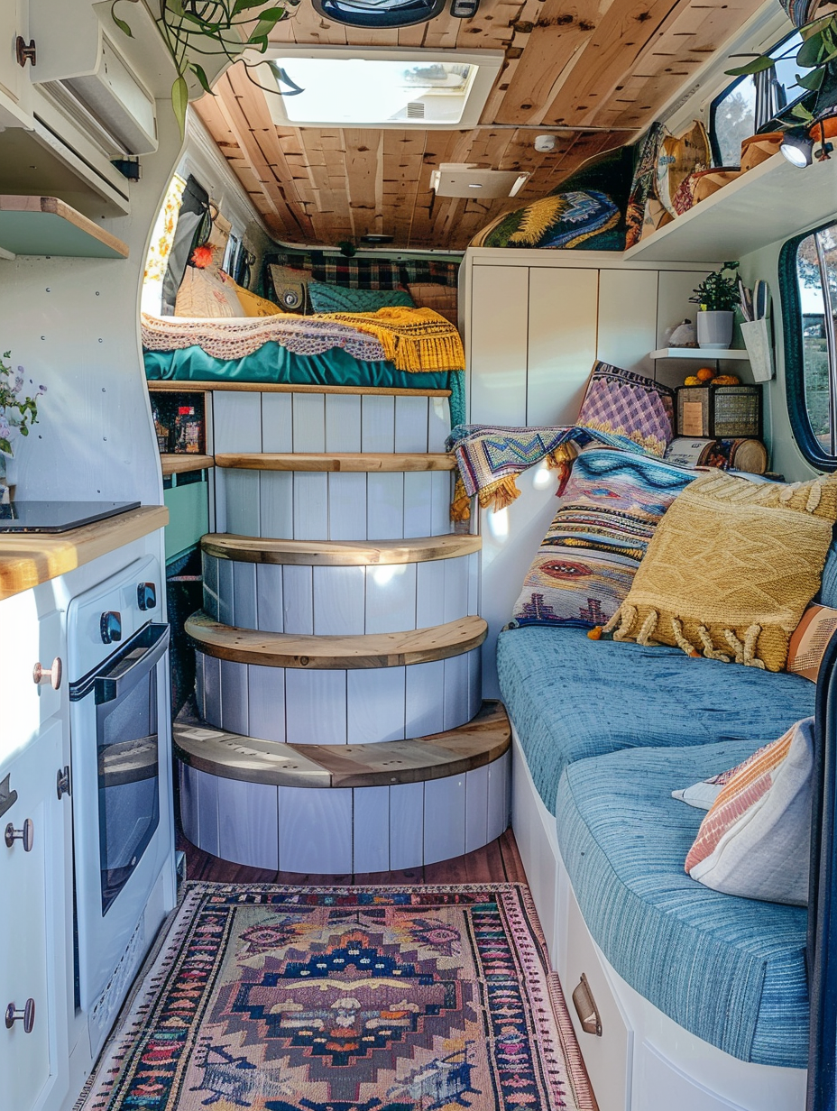 Full interior view of boho designed Camper. Spiral staircase pastel-colored blue with subway patterned pillows and Aztec rug.