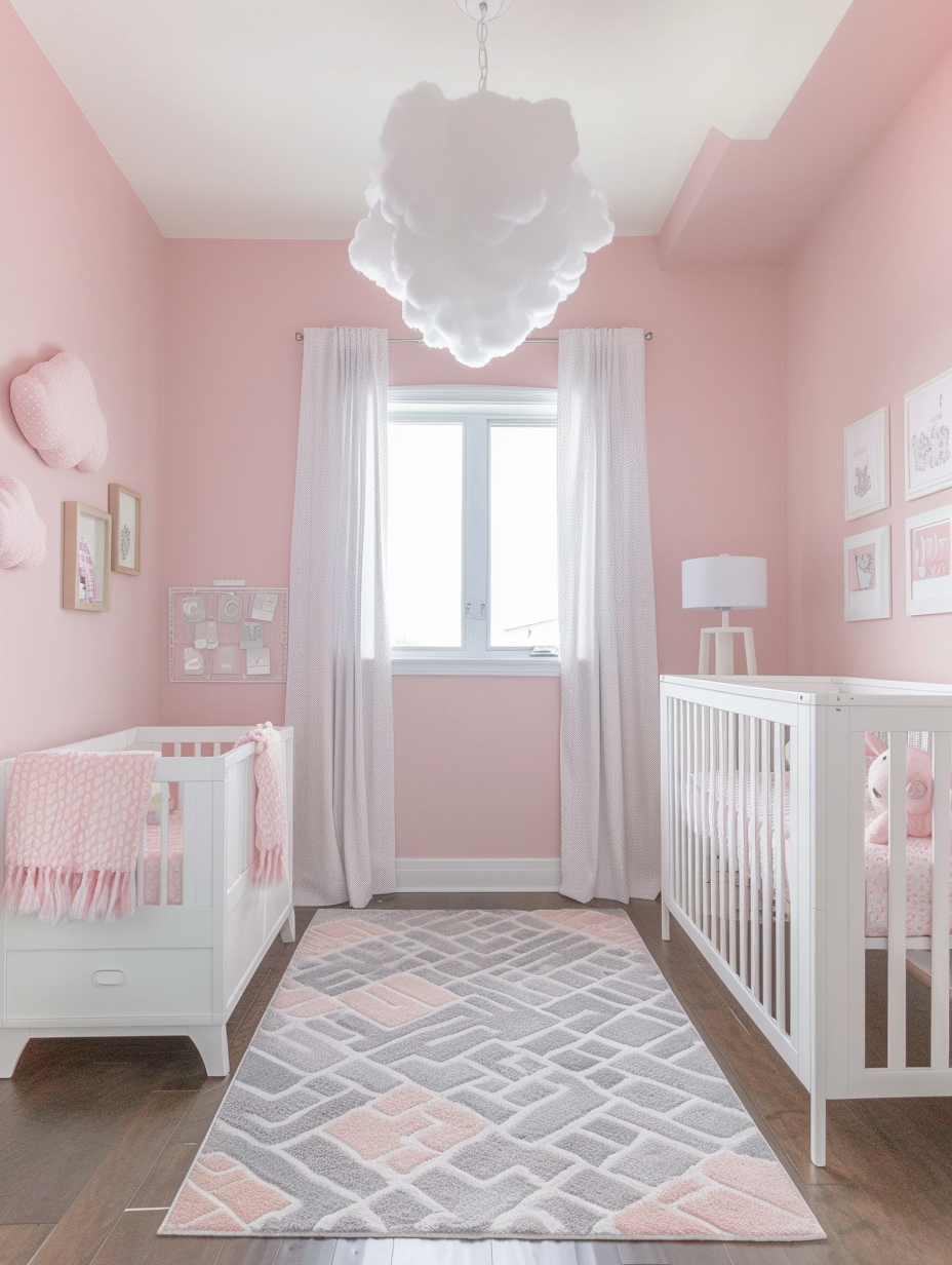 Wide view of Modern Pink Nursery. Pastel pink painted walls with a contrasting white rustic wooden crib and matching changing table accessorized with soft grey and metallic sterling silver nursery decor elements. A geometric-patterned grey area rug covers the wooden floor, tied together with fluffy cloud-shaped plush decorations hanging from the ceiling overhead. Large, light-facing windows with light blush-coloured breezy curtains bathe the nursery in natural light, completing the delicate ambiance.