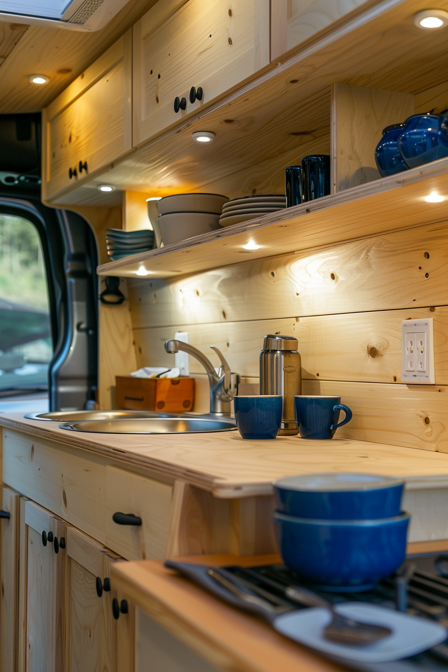 View of a small camper interior. Bare wooden panelling with compact built-in storage compartments, bright white LED lights and blue ceramic dishes on the counter.