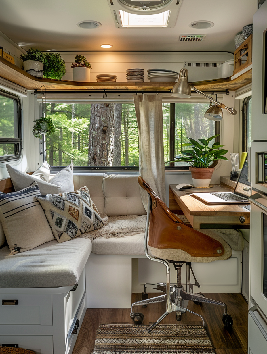 Interior of an RV for remote working and living. Smartly segmented functional spaces with modern cozy work station comprised of a wooden desk, ergonomic swivel chair, wall mounted shelves and chrome lamp, juxtaposed to a compact kitchen-dining area with a cushioned-timber banquette with ocean blue upholstery, white cabinetry, stainless steel appliances opposite to a minimalist living area equipped with a pastel beige daybed adorned with burnt sienna and sand yellow cushions, woolen blanket throw, coin grey curtains, ironstone grey pot plant setting all flooded with natural light with neutral tones commanded by rich oak panelled walls, gloss ivory ceilings and highlights of brushed gunmetal hardware throughout, accomplished by floor to ceiling view of a serene forest canopy drafted between full span double glazed glass windows and doors.