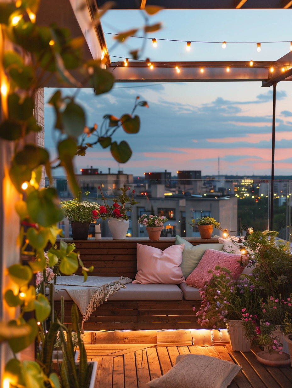 Small and beautiful urban rooftop. Potted plants surrounding an integrated wooden bench with pastel colored throw pillows, illuminated by string lights hung above.