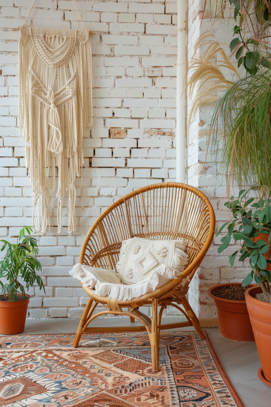 Boho designed living room. Cushioned wicker armchair with off-white woven fringes, macramé wall decor, terracotta carpet with ethnic print, and vertical indoor grass and plant installation covering one wall.