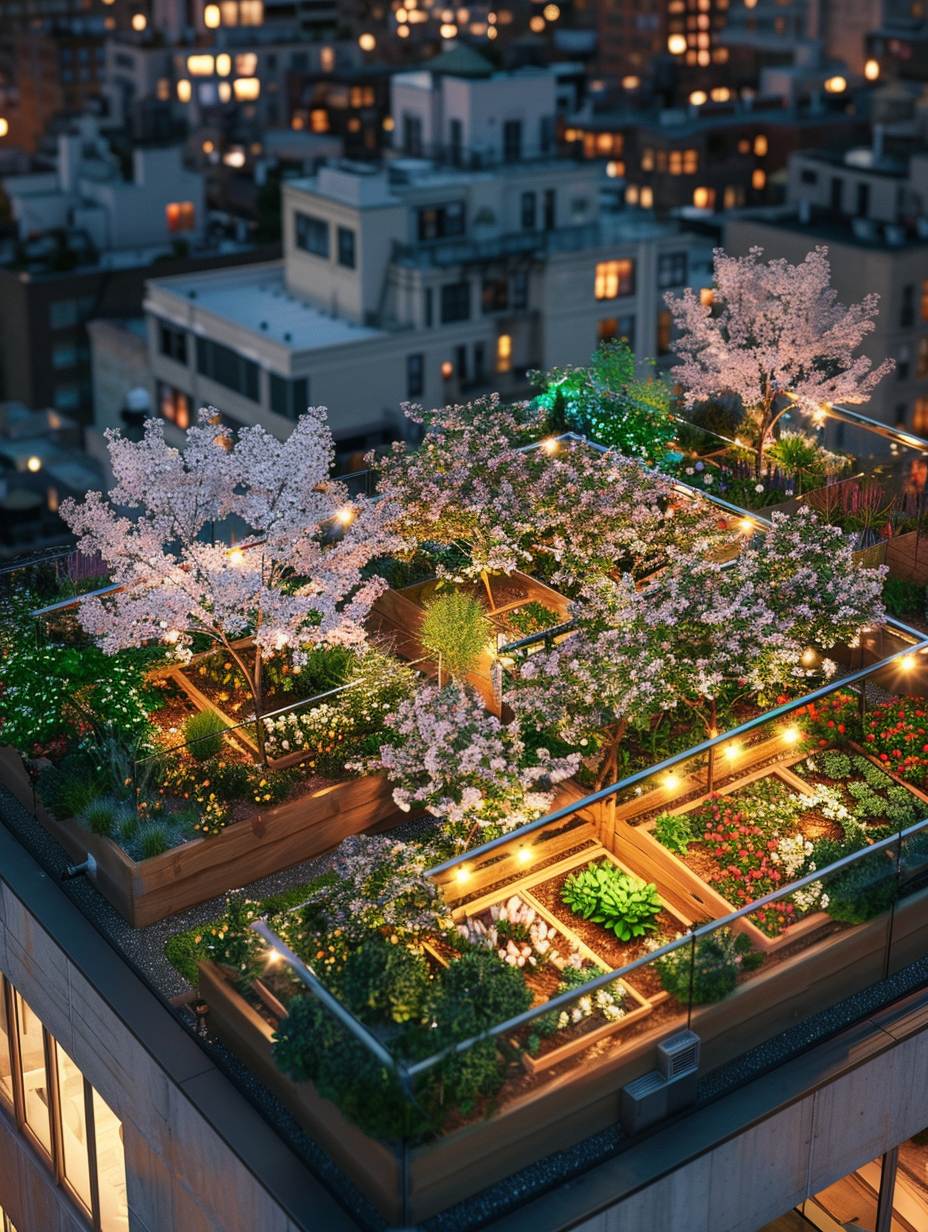 Urban rooftop. Container vegetable garden with encircling cherry blossom bonsai trees highlighted by solar-powered string lights.