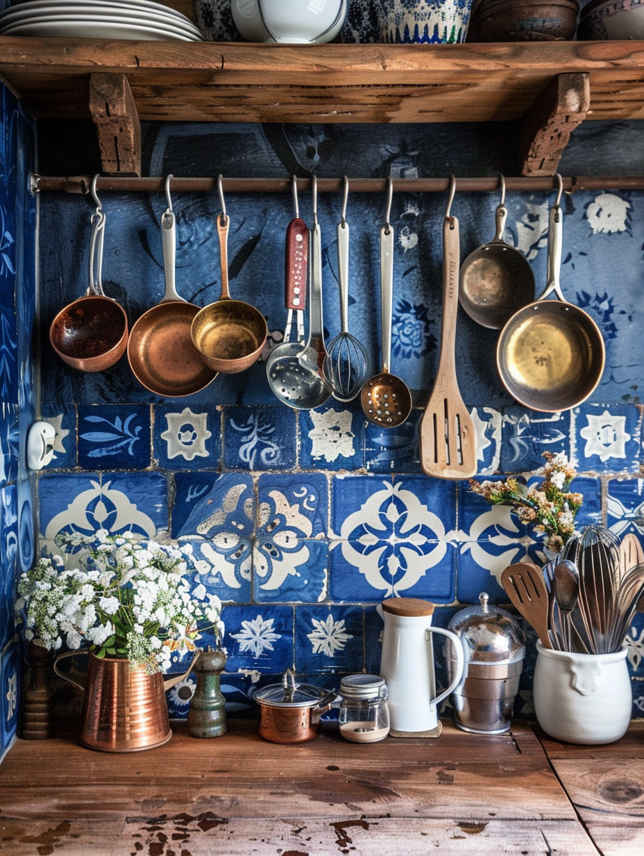 Boho Kitchen. Cobalt blue Moroccan wall tiles with white geometric designs, adorned with copper kitchen utensils hanging on rustic wooden hooks.