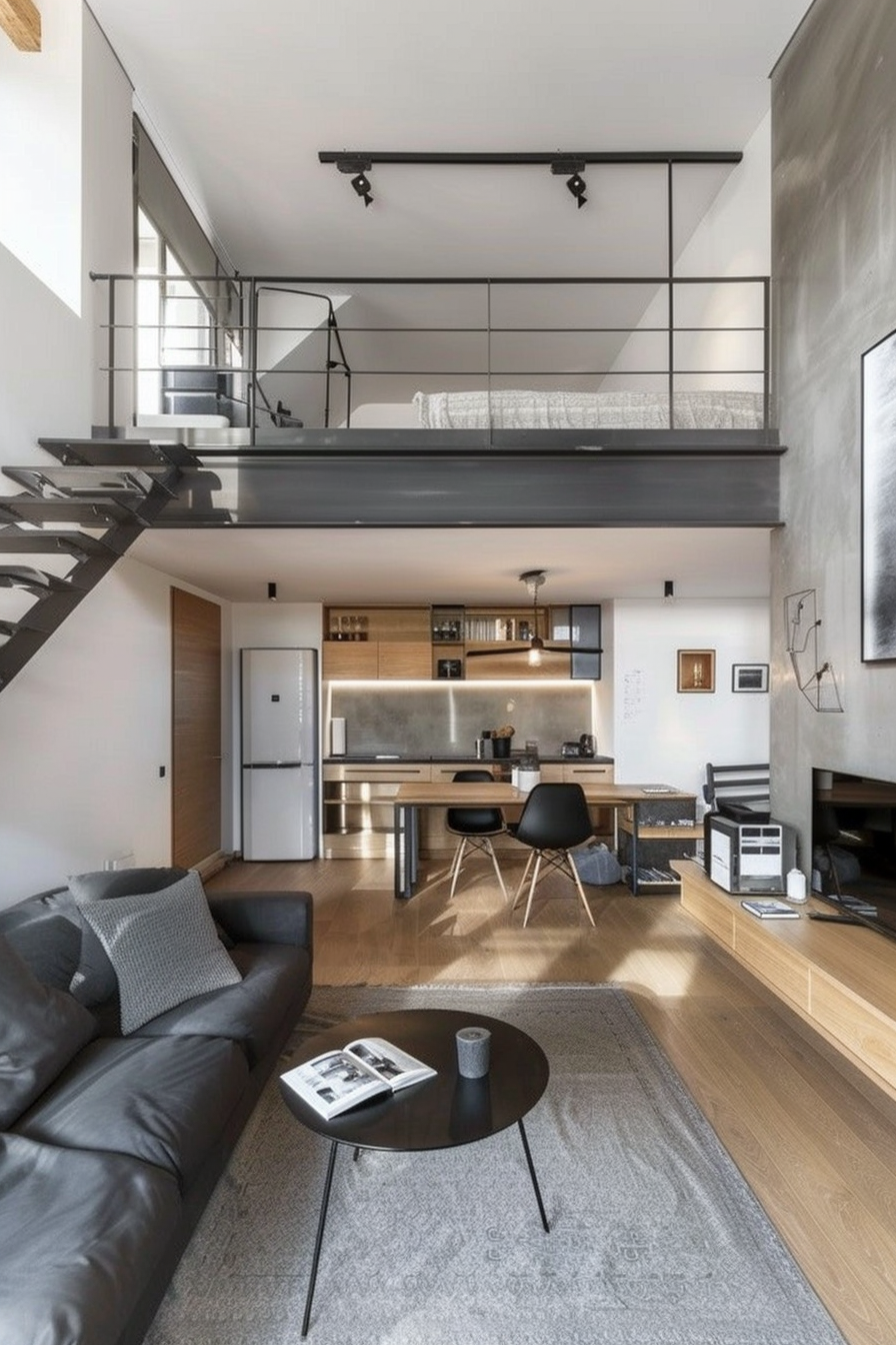 Minimalist apartment. Bright open concept living room, steel staircase, and grey loft bed over compact home office.