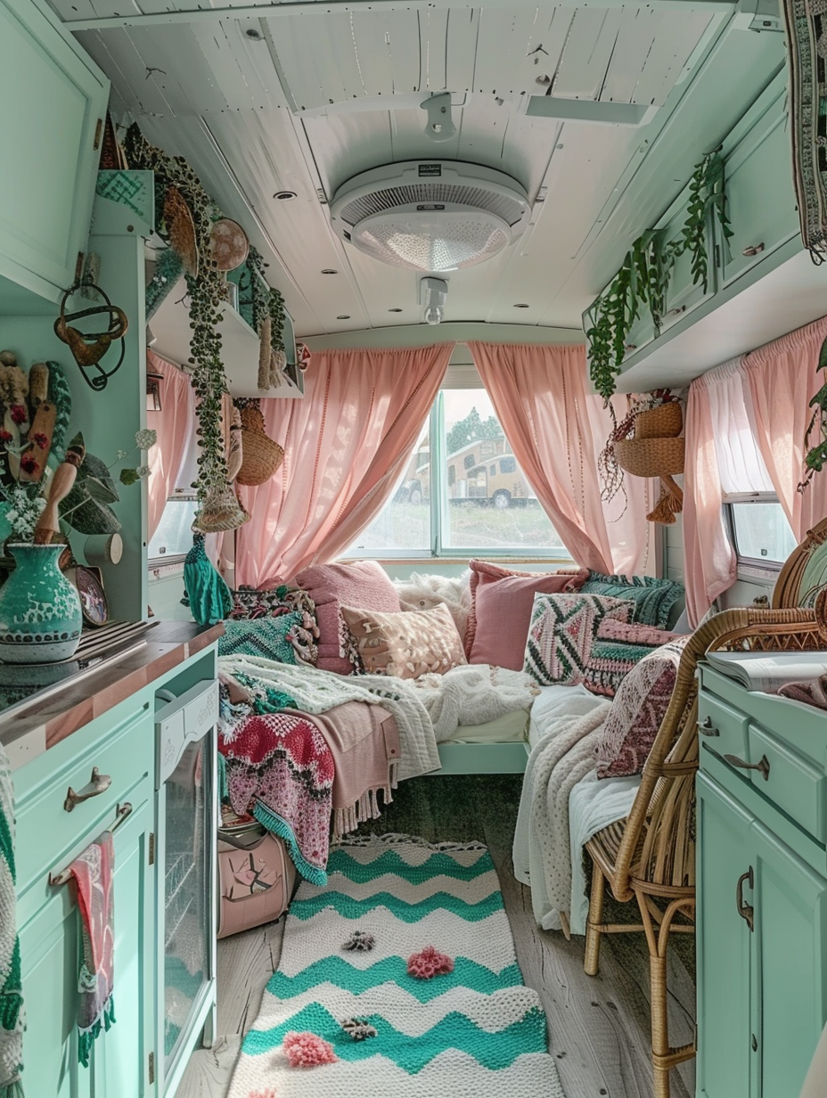 Full interior view of a boho-designed camper. Offwhite walls contrasted with aztec print curtains presenting shades of turquoise and rose. This tasteful imagery leads to a soft pink chevron pattern rug sprawled across the pastel green wooden finish floor. For resting, a sleep corner busied up with layered pastel tonics pillows, salmon pink stitched quilt resting on uncomplicated daybed caught in vanilla cloth and light. Eye-seizes a kitchen mini counter bearing Desert sand colored cabinets graced with vintage copper handles introduced with retro mini fridge in baby blue. Sitting area features rattan peacock chair adorned with aztec-print cushion complemented with birch tree coffee table hoisting a variegated swiss cheese plant in bone white ceramic pot. The ceiling above mysteriously holds zestful turquoise handmade woven tapestry alongside incandescent layout of fairy lights tracing the atmosphere. The interior marries rustic aesthetics against monochrome to embrace boho spirit touching upon simplistic adventures meets homey comfort nuggets nestled co-interesting in charming pastels.