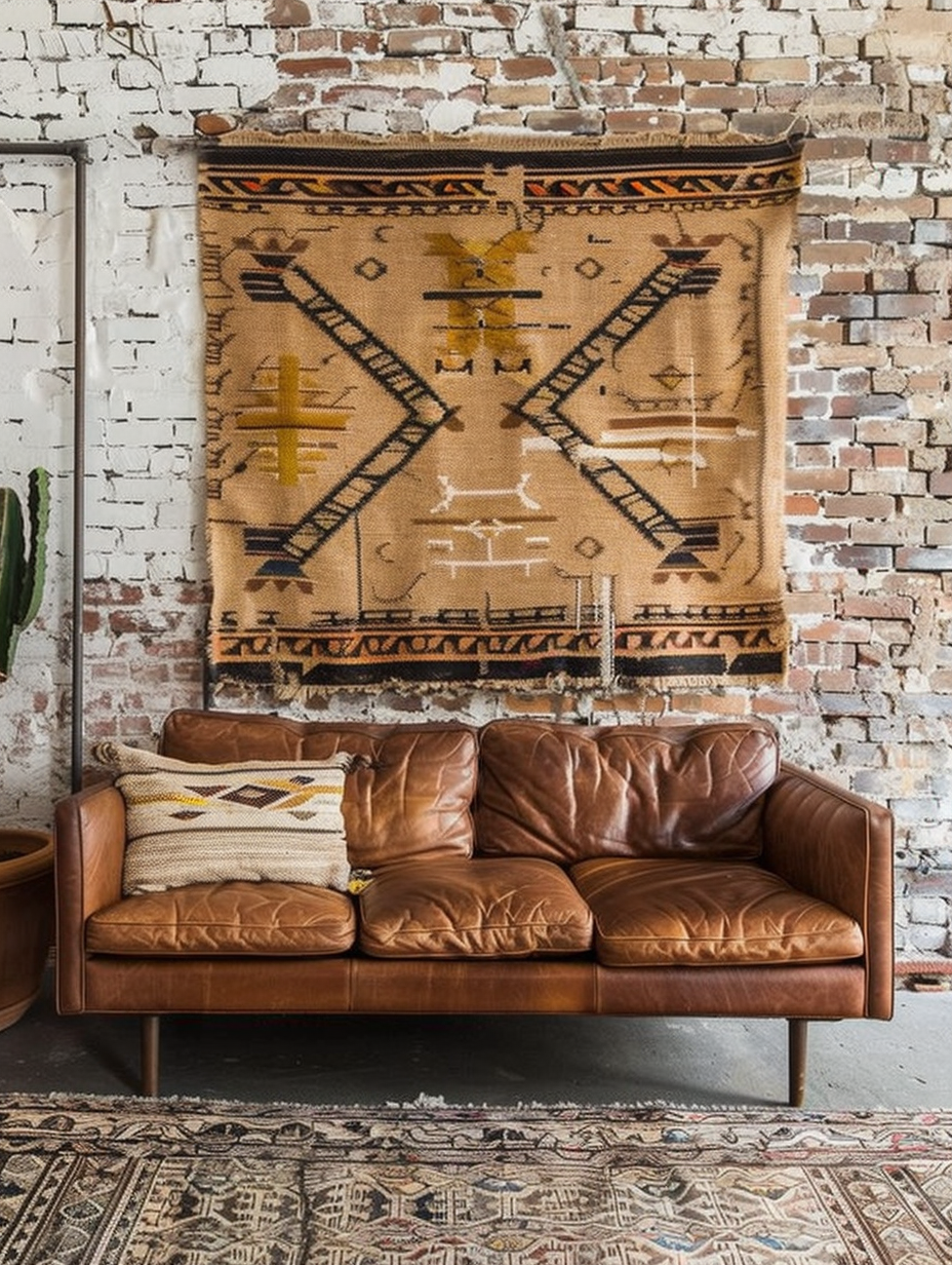 Living room. Weathered saddle brown leather couch against an exposed brick wall featuring a large hand-woven tribal tapestry in earth tones.