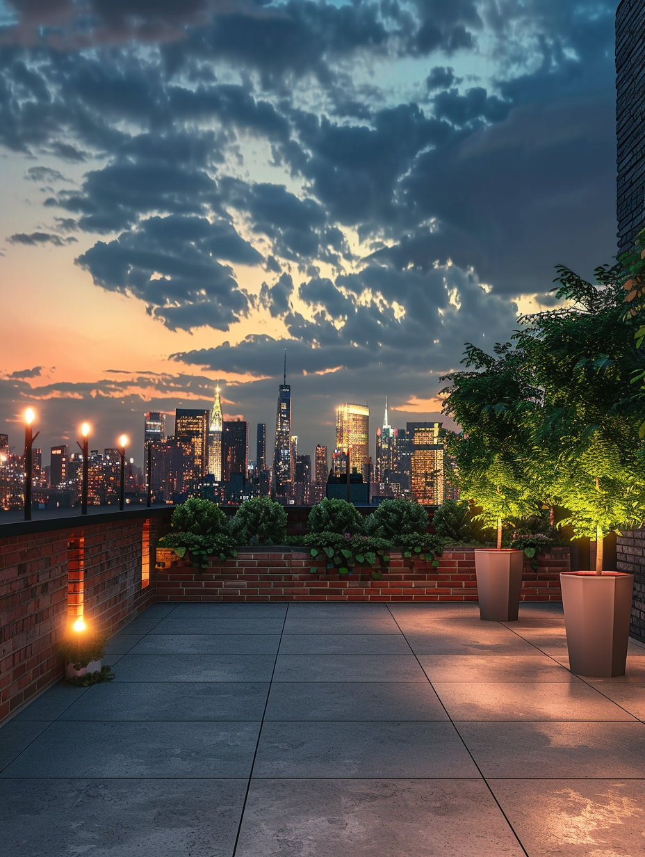 Urban rooftop view. Red brick dwarf wall encases multiple potted ficus trees contrasting the grey concrete floor, under a sapphire twilight sky glimmering with distant high rise lights.