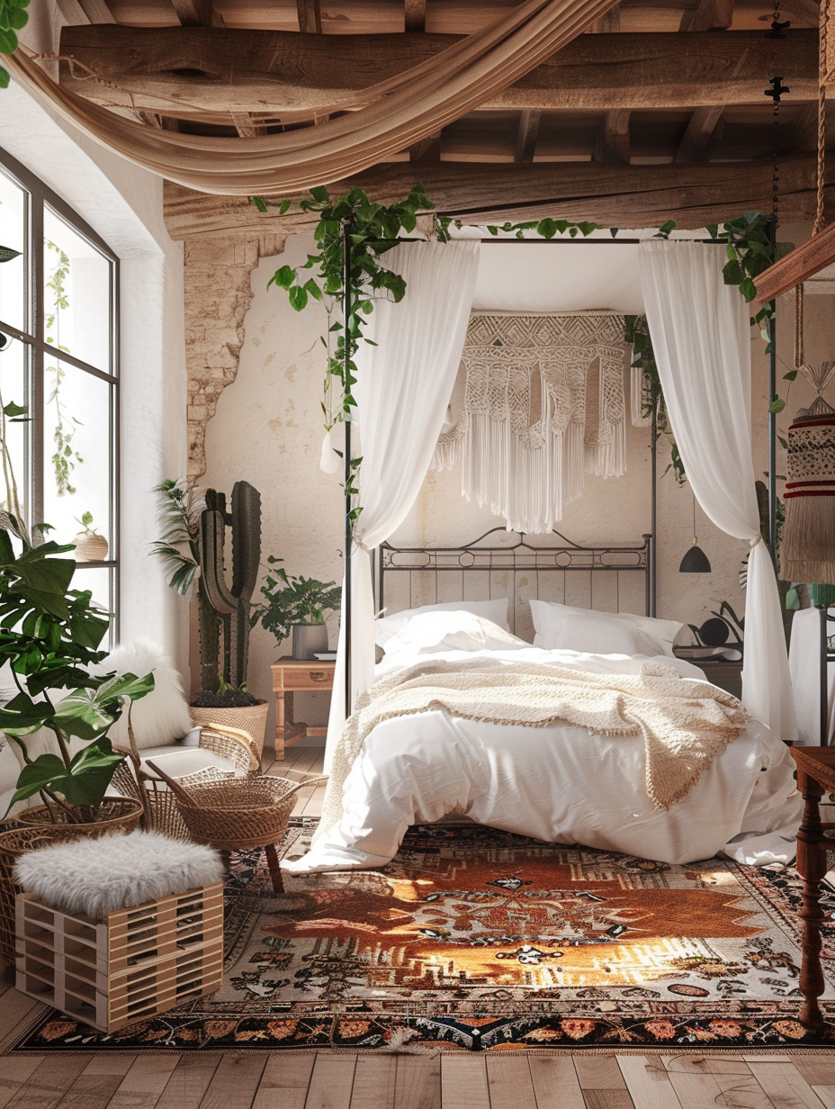 Loft bedroom interior, boho chic style. Hanging macrame, bold patterned rug on raw wooden floor, white fur throw at foot of iron canopy bed with white linen drapes. Visible upstairs balcony with indoor plants accessorizing wide sunlit space. Seating area visible with rattan chairs and cushioned wooden crate coffee table