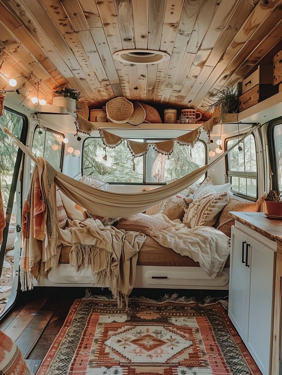 Interior view of camper. Boho design with pastel-colored hammock and Aztec patterned rug.