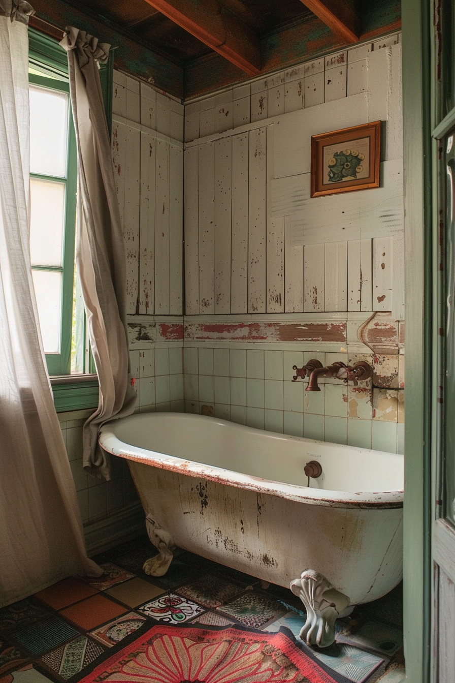 Boho Bathroom. Claw-foot bathtub with exposed copper plumbing.