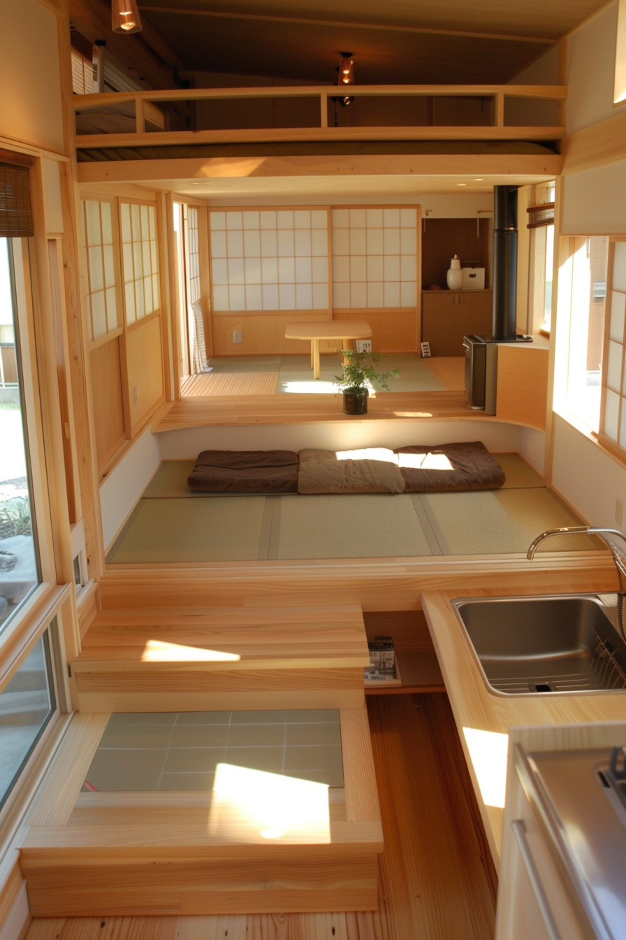 Full view of interior. Simplistic Japanese tiny house with tatami mat living area.